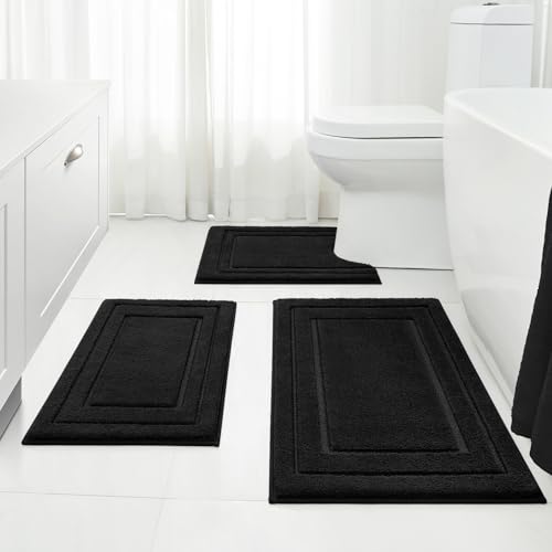 HOMEIDEAS Bathroom Rugs Sets 3 Piece Super Soft and Absorbent Non Slip Microfiber Toilet Bath Mat with U-Shaped (Black)