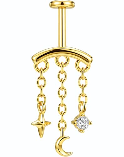 OUFER Hidden Helix Earring 16G 6mm Threadless Push Pin Cartilage Earring with Vertical Chain Dangles Star Moon CZ Floating Helix Jewelry 316L Stainless Steel Gold Tone