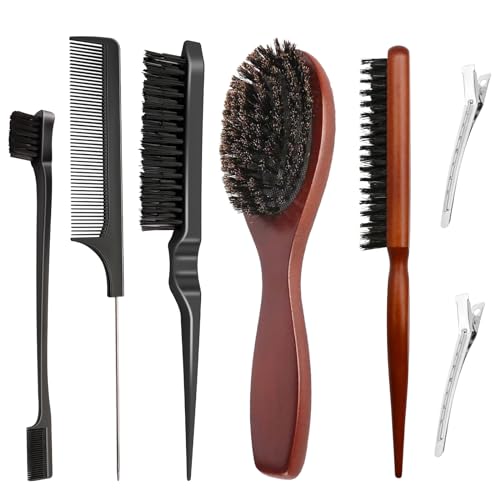 VEGCOO Kit de 7 Cepillos para Pelo de Cerdas de Jabalí, Cepillo de Cerdas Naturales, Set de Peine con Pinzas para Pelo Largo, Corto, Grueso, Fino, Rizado, Liso, Ondulado y Seco para Hombres Mujeres
