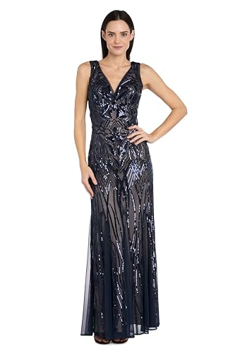 Image of R&M Richards Women's Luxurious Sequin Embellished Gown | V-Neck Formal Beaded Maxi Dress W /Contrast Lining & Godet Skirt
