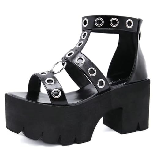 Agodor Women's Goth Platform Sandals Ankle Strap Chunky High Heels Open Toe Slingback Roman Gladiator Shoes US7 black style12