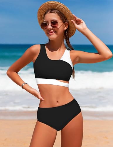 NECIOUS Girls Swimsuit Bikini Set, 3 Piece Girl Bathing Suits Color Block Cutout Swimwear with Shorts Size 7-162