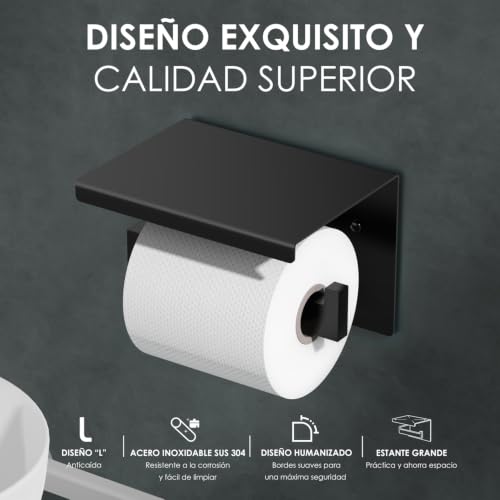 Miniatura 3 de Auxmir Portarrollos Papel Higienico, Portarrollos Baño Adhesivo, Acero Inoxidable, Porta Rollos De Papel Higienico Con Estante De Almacenamiento, Soporte Papel Higienico Para Cocina, Baño, Negro