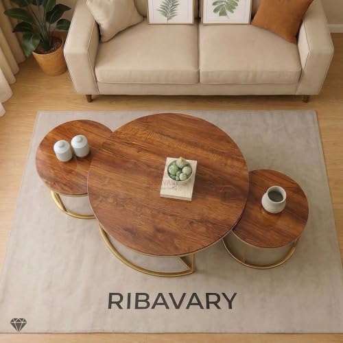 Image of Round Coffee Table Set of 3, Marble Laminated Accent Center Table with Sturdy Metal Base Modern Foldable Nesting Stacking Tables for Living Room, Bedroom. (Modern, Golden-Brown.)