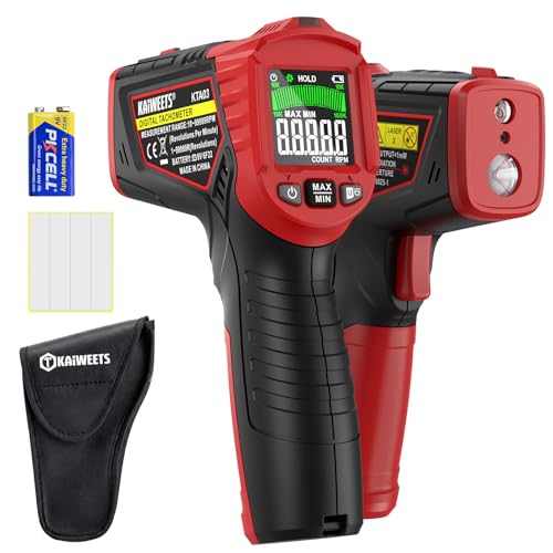KAIWEETS Laser Tachometer Digital RPM Meter Non Contact Motor Speed Tester 10-99999 RPM Handheld Tachometer with Large LCD Display Max Min Memory Reflective Tape for Engines Motors Fans