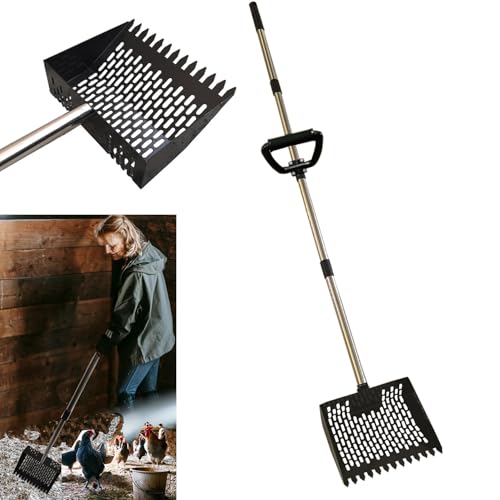 Image of 2 in1 Chicken Poop Scooper & Rake 10 Inch Chicken Scooper with Ergonomic Grip Adjustable Long Handle (22 to 62 inch) Sifting Shovel Stainless Steel Metal Poop Scooper