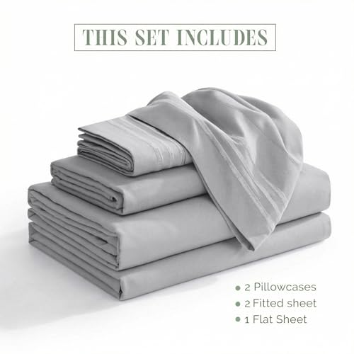 Image of Elegant Comfort Luxurious 1500 Premium Hotel Quality Microfiber Three Line Embroidered Softest 5-Piece Bed Sheet Set, Wrinkle and Fade Resistant, Split King, Silver
