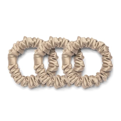 Rizos Curls Vegan Silk Mini Scrunchie - Gente Hold For No Crease and Breakage Protection, Damage & Frizz Free Hair Tie, 3-Pack, Nude