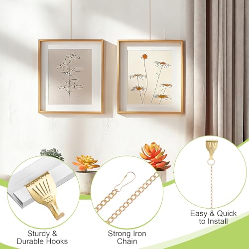 Image of Picture Hanging Kit 12Pcs Rail Hooks with 12Pcs Chains, Metal Picture Display Hanging System for Wall Pictures, Exhibition (Gold,60cm)