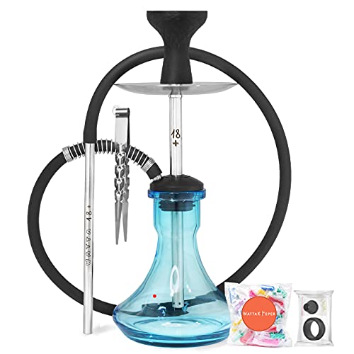 WattaKeeper Shisha Set: Wasserpfeife Komplettset Watta "18+" Mini Edelstahl, Silikon Köpfe, Glasbowl, Kohlezange, Mundstück, Schläuche, Knickschutzfeder, Dichtungsset, Hygienemundstücke WAT19B29