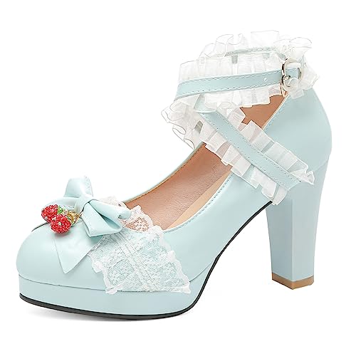 Mary Janes à talon carré bleu clair taille 37 avec nœud et ruffes
