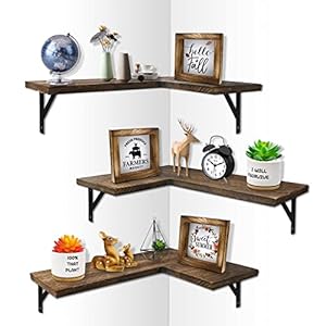 Micovay Corner Wall Floating Shelf Set of 3, Rustic Wood Wall Storage Organizer Shelves Wall Mounted for Bedroom, Living Room, Bathroom, Kitchen, Office, Farmhouse