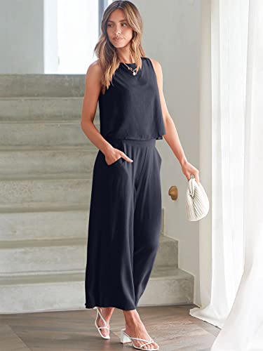 Image of ANRABESS Women's Summer 2 Piece Outfits Sleeveless Tank Crop Button Back Top Cropped Wide Leg Pants Set Pockets