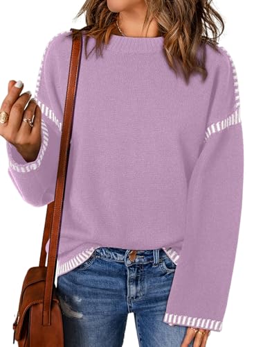 Image of Dokotoo Sweaters for Women Fashion Solid Crewneck Loose Fit Long Sleeve Contrast Cable Knit Pullover Sweater Jumper Tops