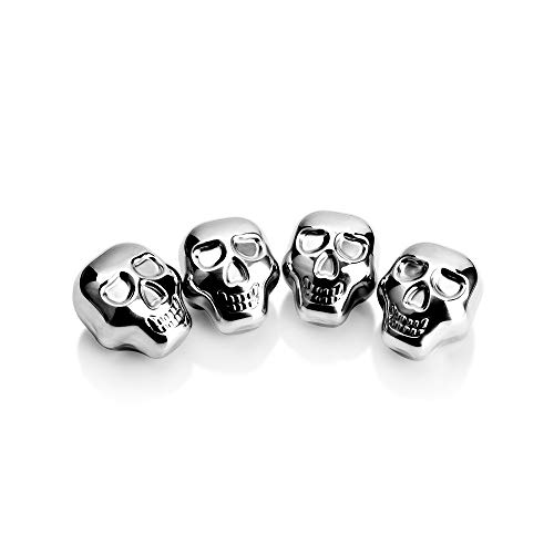 Stainless Steel Chilling Stones Reusable Skull Head Ice Cubes Set of 4 - Whiskey Wine Beer Vodka Chillers (silver)