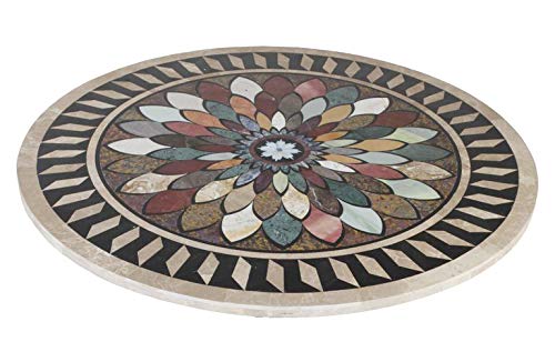 Hariom Handicraft Export Marble Round Top Dining Table Multi Stone Inlay Geometrical Design Home Decor