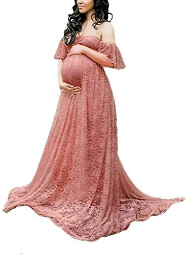 Maternity Photography Props Floral Lace Dress Fancy Pregnancy Gown for Baby Shower Photo Shoot (M, Pink Carnation)
