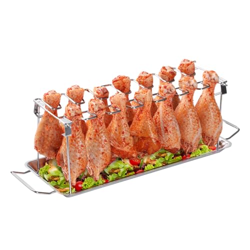 AMOZO Chicken Leg Rack for Grill with Drip Tray - Easy to Use 14 Slots Chicken Wing Rack - Premium Stainless Steel Chicken Wing Rack for Smoker - Dishwasher Safe, Non-Stick, Great for BBQ, Picnic.