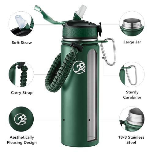 Image of GOSWAG 24oz Insulated Stainless Steel Travel Water Bottle, 2 Lids | with straw and no straw, Paracord handle, Double-wall vacuum keeps drinks cold or hot, Leakproof tumbler