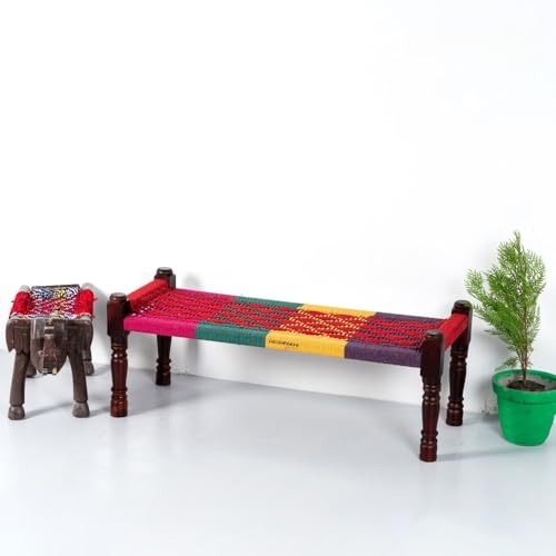Image of Wooden Bench for Seating | Handcrafted Sheesham Wood Bench for Living Room, Balcony & Garden | Traditional Patio for Outdoor with Cotton Handwoven Rope | Colorful 002