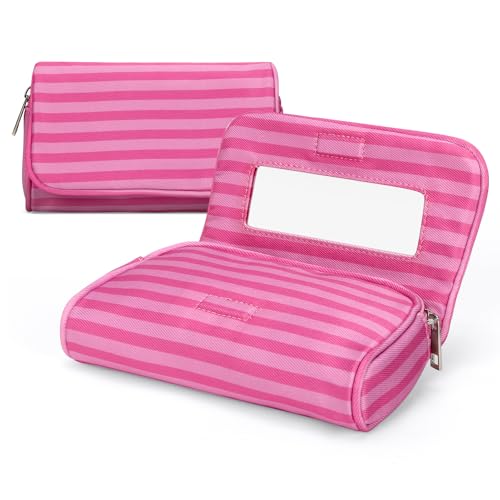 Hibilog Womens Cute Nylon Makeup Bag with Built-in Mirror Protable Lightweight Cosmetic Bag Trendy Toiletry Bag for Travel (Pink Stripe)