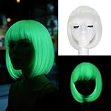 Orgwigs Glow in the Dark White Bob Wig with Bangs Short Straight Synthetic Hair 10 Inch for Women