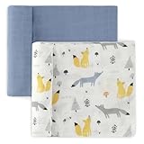 Featherhead™ 100% Cotton Muslin Swaddle Blankets for Baby Boy - Large 47”x 47” - Pre-Washed, Soft, & Breathable - Newborn Essential & Perfect Baby Registry Gift (2 Pack - Blue Foxes)