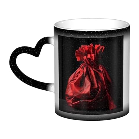 KEIGPERI Color Changing Mug Red Burlap Bag Printed Creative Coffee Mugs Funny Color Changing Mug 11 oz Ceramic Cup Magic Mug for Men Women Cover