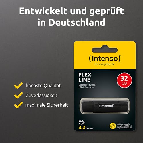 Intenso Flex Line USB-Stick, 32 GB - Dual USB-Stick 3.2 Gen 1x1 mit USB-C & USB-A für OTG-fähige Smartphone, Tablet, Laptop & PC, 70 MB/s, Schwarz