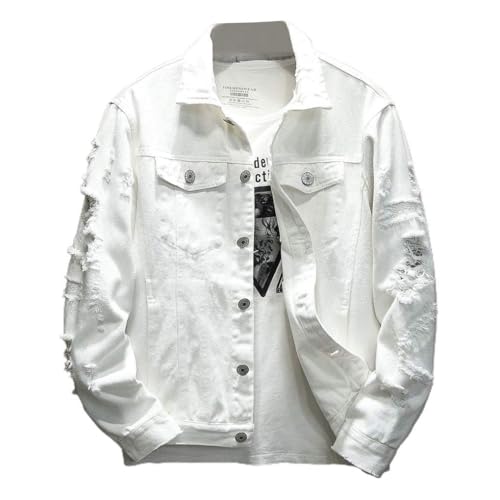 ebossy Men's Ripped Long Sleeve Fashion Distressed Motorcycle Denim Jean Jacket (X-Large, White)