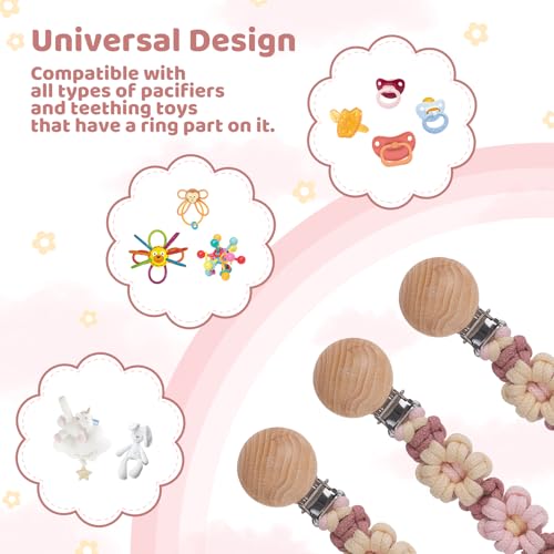 Image of Pacifier Clip for Boys Girls Floral Daisy Macrame Baby Paci Clip Pacifier Holder Leash Boho Wooden Clips Handmade Braided Cotton Binky Clips (1pack:Caramel Style B)