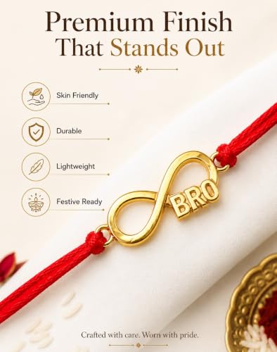 Image of Gold Plated Designer Rakhi Bracelet for Brother | Infinity, Heart, Evil Eye & BRO Designs | Raksha Bandhan Rakhi with Roli Chawal & Greeting Card