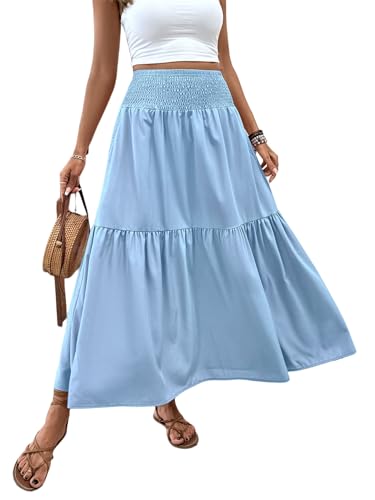 Women's Summer Floral Maxi A-Line Boho Skirt, Summer for Women 2025 Vacation Boho Floral Tiered (00,Sky Blue)