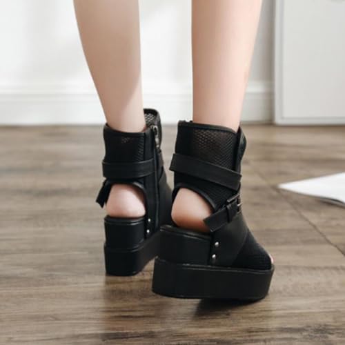 Women's Leather Platform Wedge High-Top Roman Sandals Comfortable Breathable Mesh Open Toe Clip Toe Side Zipper Metal Buckle Gladiator Boot Sandals4