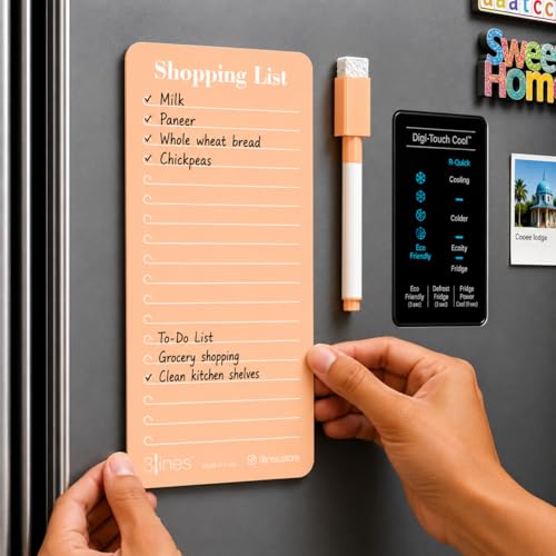Image of 3 Lines Shopping List Fridge Magnet with Marker|Smart Planning & Shopping for Family, Working Professionals|to Do List| Acrylic Magnetic Notepad for Kitchen Organisation|9x24 cms|Peach Color|Regular