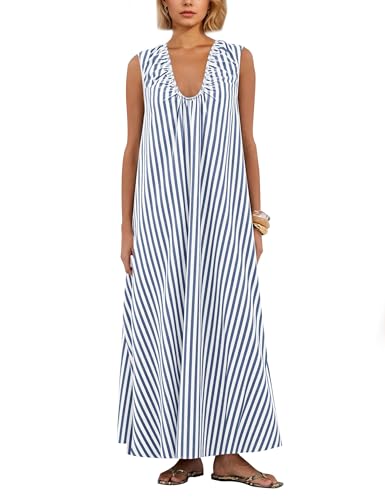 Image of OLAPTA Women Summer Sleeveless Maxi Dress Scoop Neck Ruched Loose Fit Casual Elegant Solid Vacation Long Dress with Pockets