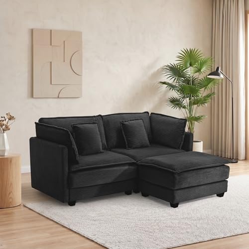 Image of 78.4 inch Corduroy Loveseat Sectional, Small L Shaped Sofa Couch with Ottoman for Apartment, Office, or Bedroom, Black