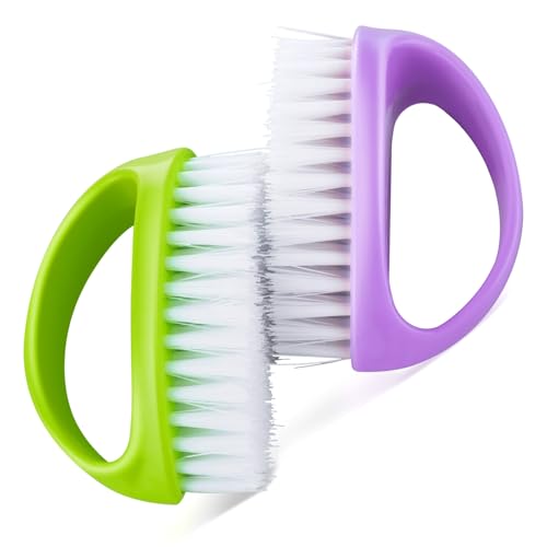 HJZHII 2 Pcs Hand and Nail Brush, Heavy Duty Scrub Clean Brushes with Nylon Bristles for Cleaning Soft Stiff Fingernails Fingers Toes and Nails Men Women (Green, Purple)