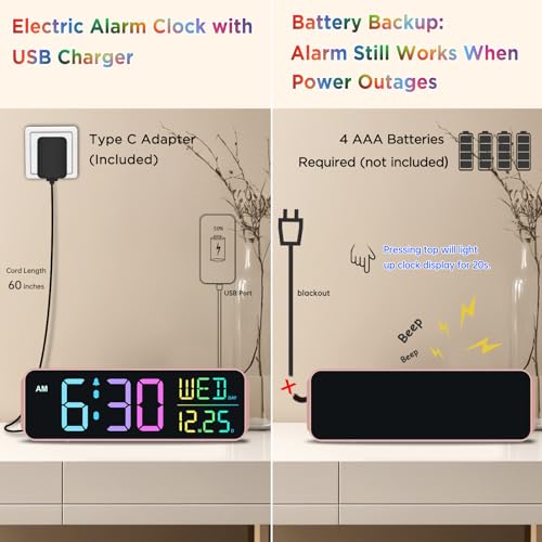 Image of Peakeep Kids Digital Alarm Clock for Bedrooms, Date Day of Week Large Display Numbers 6 Brightness Dimmer, 5 Volume Loud for Heavy Sleepers, 8 RGB Colors Electric Desk Clock Battery Backup, Auto DST