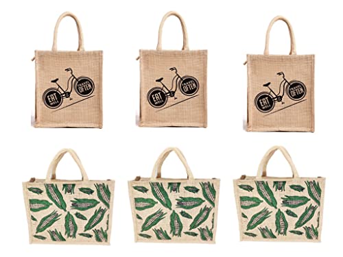 Image of Cycle & Corn Design Jute Bag with Zip Closure | Tote Lunch Bag | Multipurpose Bag (6)