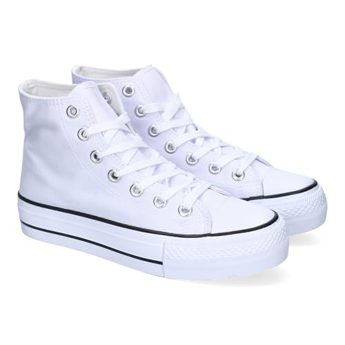 92142 Zapatilla Abotinada de Mujer, Comoda, con Material de Lona, Estilo Bamba Casual, y Cierre de Cordones Blanco Talla 37