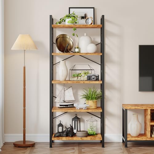 Image of DurayLoly 5 Tier Bookshelf for Narrow Space, Rustic Brown | Small Storage Shelves, Sidebars and Metal Frame