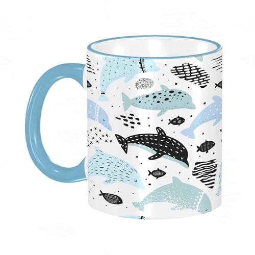 YOIUE Copa de cerámica interesante 11OZ tazas 330 ml - Regalo original y divertido Exquisita taza de impresión Decora tu taza, Patrón Náutico con Delfines en Estilo Infantil. Fondo de Criaturas Marina