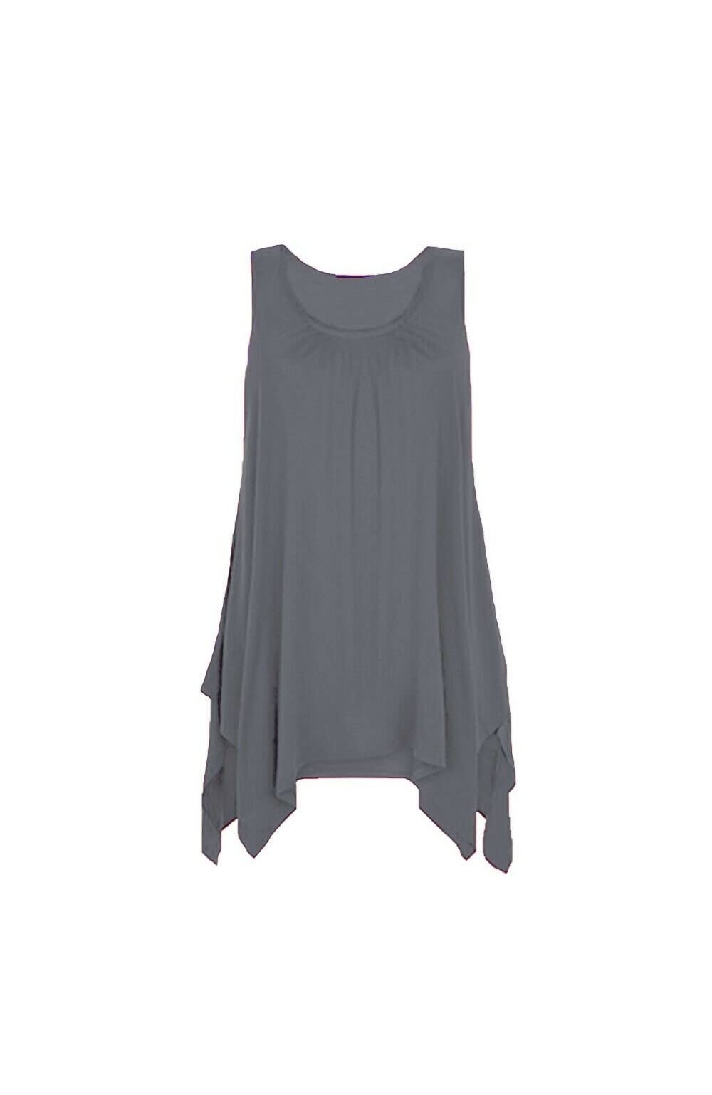 Womens Hanky Hem TOP Ladies Long Sleeveless Scoop Neck Vest Flared Swing TOP (22, Charcoal)