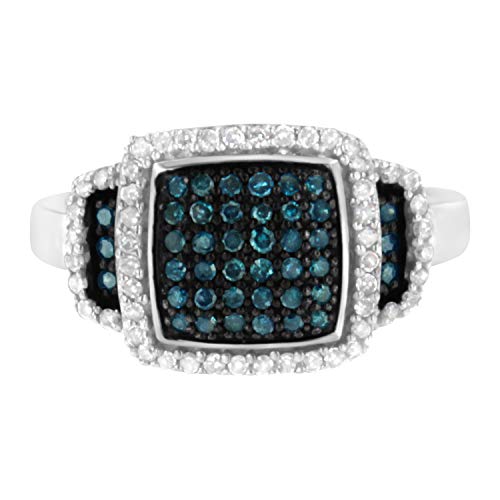 Black Rhodium Plated .925 Sterling Silver 1/2 Cttw White & Blue Diamond Square Halo Cocktail Ring (Fancy Blue & H-I Color, I2-I3 Clarity) - SIze 7