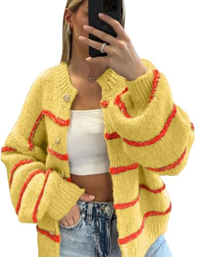 Image of QIBABU Womens Striped Cardigan Sweaters Casual Open Front Long Sleeve Button Down Knit Outwear