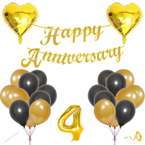 Image of Flyloons 4th Happy Anniversary Decoration Items Gold Black for Men Women Husband Wife Mom Dad Parent Couple Home Bedroom Car With 20 Pcs Metallic Balloons Anniversary Banner 2 Pcs Heart Set Kit Golden