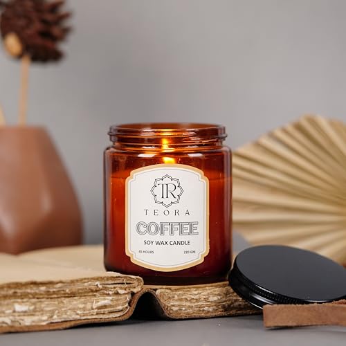 Image of Teora By Bindian Luxury Soy Wax Scented Candles in Amber Glass Jars | 220g Each | 45H Long Burn Time | Natural Smokeless Wax for Home Decor, Spa & Aromatherapy (Coffee)