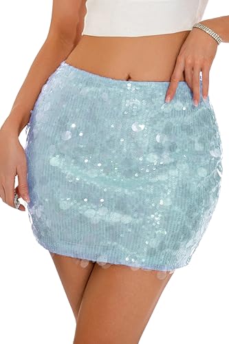 GUANYY Womens Sequin Skirt Stretchy Bodycon Mini Sexy Sparkly Skort with Shorts Underneath Crystal Breeze Blue Medium