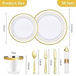 Goodluck 350 Piece Gold Plastic Dinnerware Set for 50 Guests, Fancy Disposable Plates for Party, Include: 50 Dinner Plates, 50 Dessert Plates, 50 Pre Rolled Napkins with Silverware, 50 Cups - Image 4